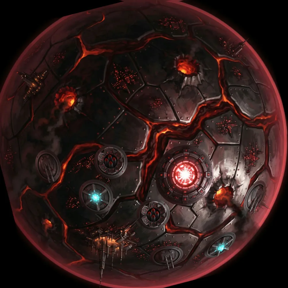 A molten fortress planet bristling with cannons around a glowing red core