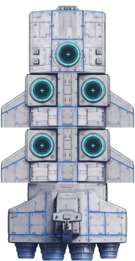 The starship from above, white hull plates and cyan turret rings